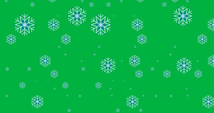 Digital animation of multiple blue snowflakes icons in seamless pattern against black background