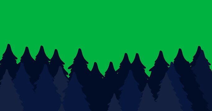 Digital animation of winter landscape with blue trees against black background