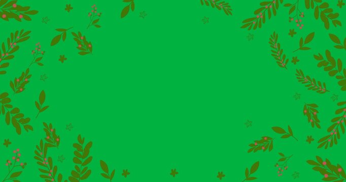 Digital animation of green leaves icons with copy space against black background