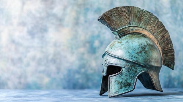 verdigris. Ancient Greek Corinthian helmet, bronze with dents and verdigris, visor down. event programs, museum guides, designed for cultural heritage projects and event programs, preserves heritage.