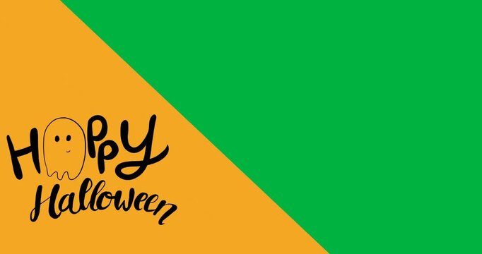 Digital animation of happy halloween text banner against yellow and black dual tone background