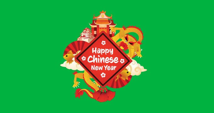 Happy chinese new year text banner with chinese concept icons against black background