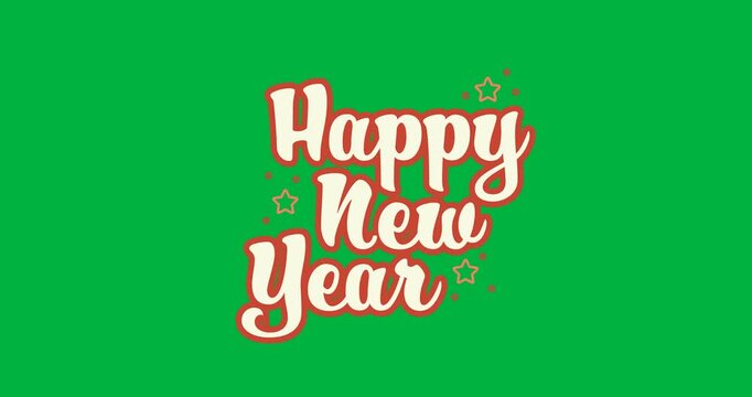 Digital animation of purple happy new year text banner with stars icons against black background