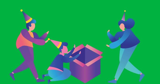Digital animation of people wearing party hat icons partying against black background