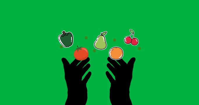 Digital animation of multiple fruits and vegetables icons floating against black background