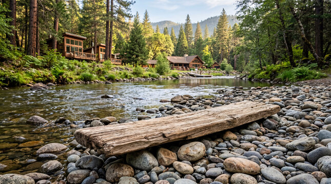Luxury wooden cabins by a peaceful mountain river in a lush green forest landscape at sunrise.