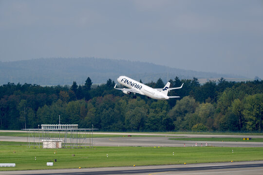 Finnair passenger airplane Airbus A321-231 registration OH-LZG taking off from Swiss Z&uuml;rich Airport on an autumn day. Photo taken September 29th, 2025, Zurich Airport, Switzerland.