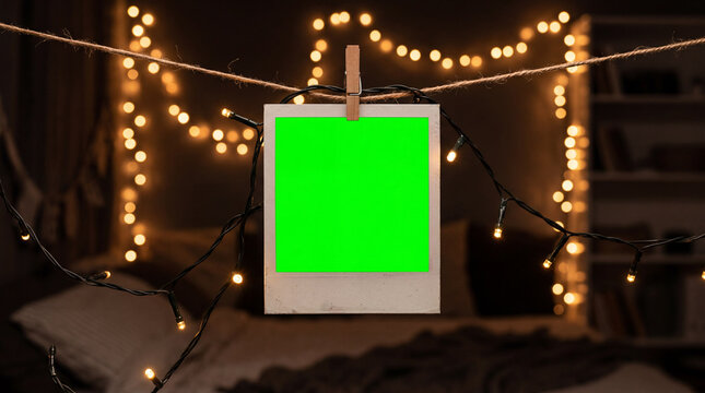 Instant Photo Frame Green Screen Mockup Hanging on String with Bokeh Fairy Lights Background