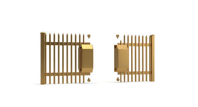 Isolated golden open gate with vertical bars and golden hinges on a white background, representing access and opportunity