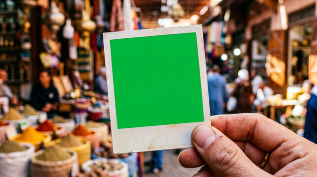 Hand holding blank green screen instant film frame in a busy traditional outdoor spice market