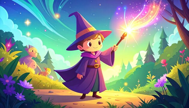Cartoon wizard boy casting magic wand spell in a colorful, whimsical forest