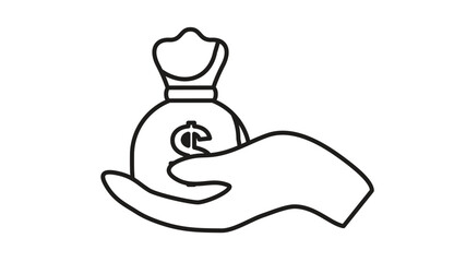 Minimalist black line art vector icon illustration of a human hand holding a money bag with a dollar sign, symbolizing wealth, investment, banking, savings, donation, and financial success. © Sanjida