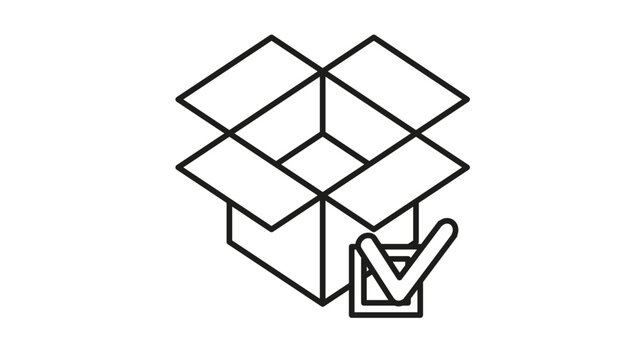 Black vector icon illustration of an open cardboard box with a checkmark symbol, representing delivery confirmation, package verification, shipping status, and logistics management in a minimalist