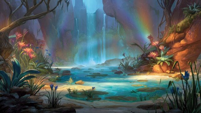 Vibrant hidden grotto features a luminous waterfall and bright rainbow arching over clear pool