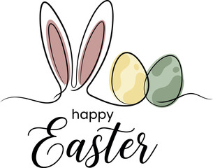 Fototapeta premium Minimalist Easter line art, bunny ears with colorful eggs, modern happy Easter greeting card