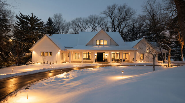 A large white house with snow on the roof and ground at dusk