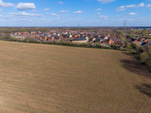 Empty meadow aerial view in preparation for new buld development at Great Ashby area of Stevenage. England