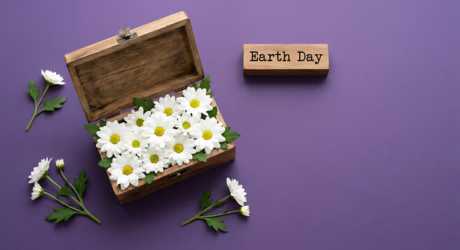 Earth Day Floral Flat Lay with Wooden Box and Copy Space. Deep Purple Background with Chrysanthemum Arrangement and Natural Elements.