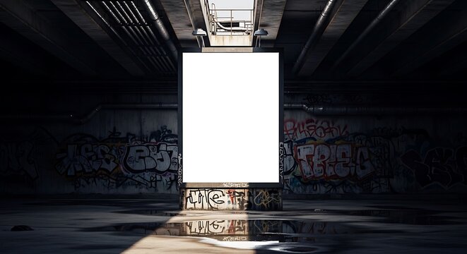 Blank billboard surrounded by graffiti in an urban underpass setting