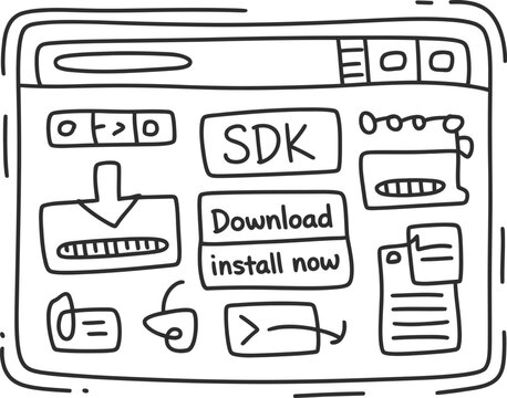Software development kit interface window with various buttons and download progress elements for web application users