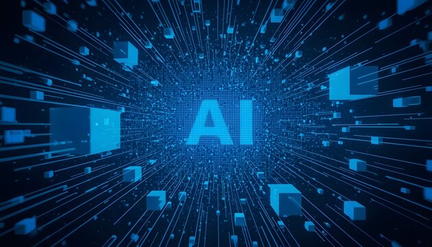Artificial intelligence conceptual background with floating data cubes and glowing digital network lines creating a futuristic cybernetic tunnel of information