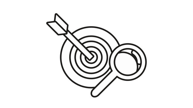 Target with arrow and magnifying glass vector icon illustration, symbol of market research, business strategy, goal achievement, and data analysis in a clean minimalist black line art style.