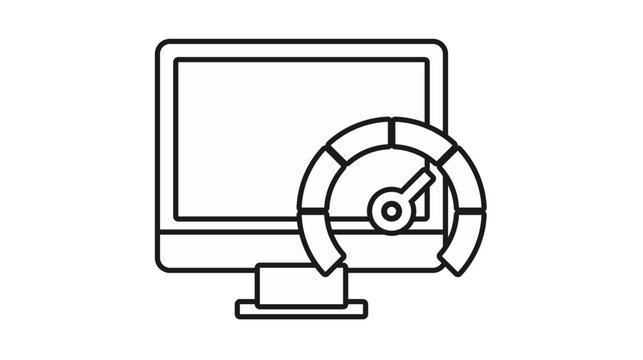 Computer performance and speed optimization vector icon illustration. Black line art symbol of a desktop monitor with a speedometer gauge for system monitoring, internet speed, and efficiency.