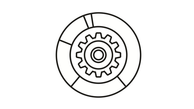 Black line art vector icon illustration of a gear cogwheel inside a segmented circular pie chart ring, symbolizing industrial management, data processing, business automation, and workflow.