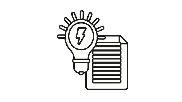 Black line art vector icon illustration of an electricity bill document with a light bulb and lightning bolt symbol, representing energy consumption, utility costs, and power usage reports.
