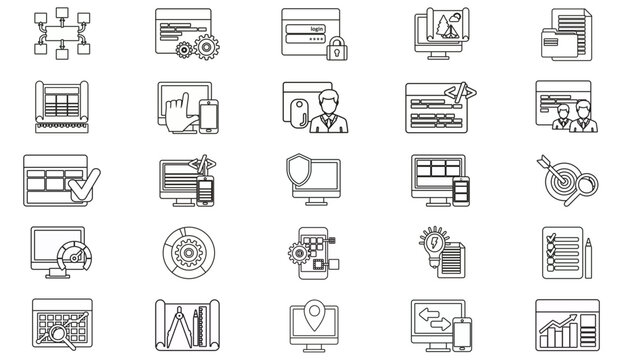 25 Black Vector Icon Set Bundle for Business, Web Development, Technology, Architecture, and Data Analytics. Symbols for Computer, Security, Marketing, Planning, Programming, and Management.