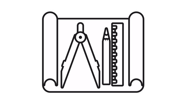 Architectural blueprint plan vector icon featuring drafting tools including a compass, pencil, and ruler on a paper scroll. Minimalist black line illustration for engineering and design projects.