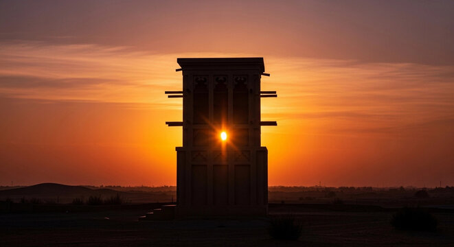 Silhouette of ancient Arabic windcatcher tower against a fiery orange sunset, casting a dramatic starburst sunbeam through its structure in a desert landscape, twilight ambiance.