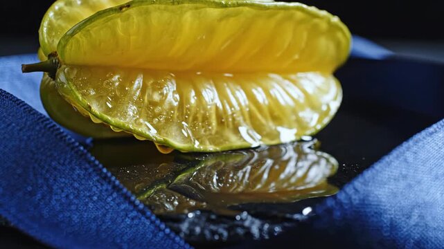 Star fruit with water splash on a dark surface