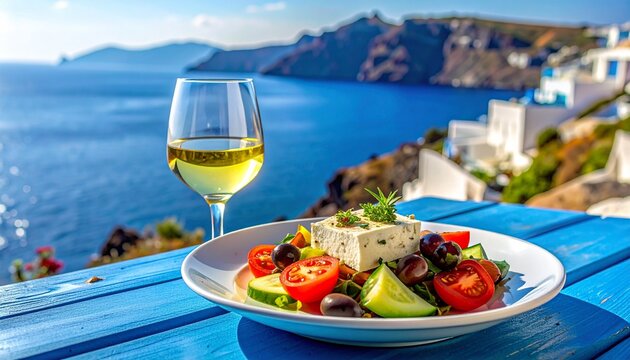 Greek salad and wine at seaside taverna table