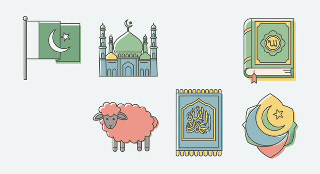 Islamic symbols icon set mosque quran flag sheep prayer rug crescent