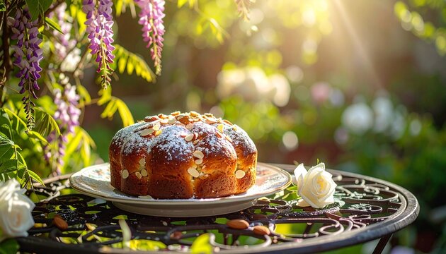 Italian colomba Easter cake in spring garden setting
