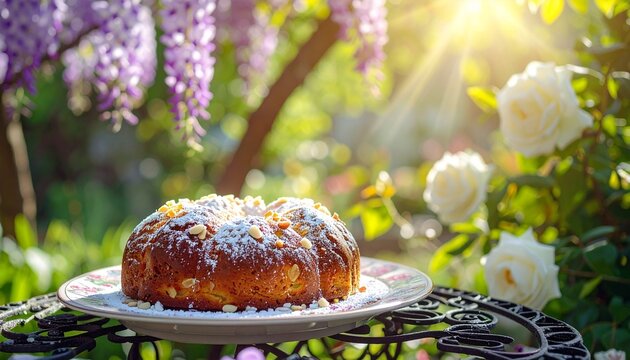 Italian colomba Easter cake in spring garden setting