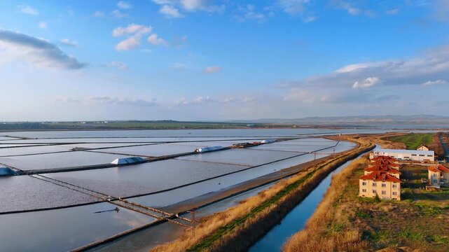 Aerial view of salt evaporation ponds with salt piles. Drone shot of industrial salt pans and drainage canal under blue sky.