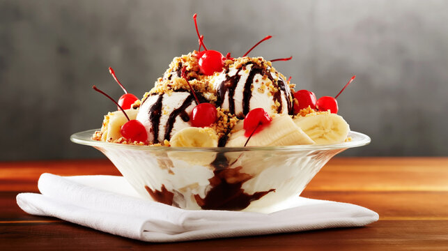 A delicious banana split dessert with ice cream and toppings on a table