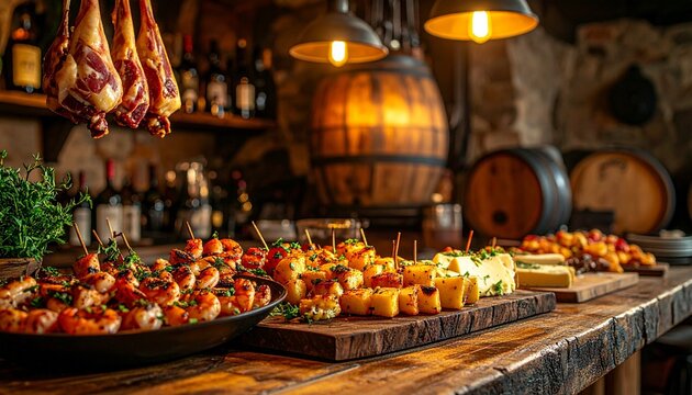 Spanish tapas assortment on Barcelona bar counter