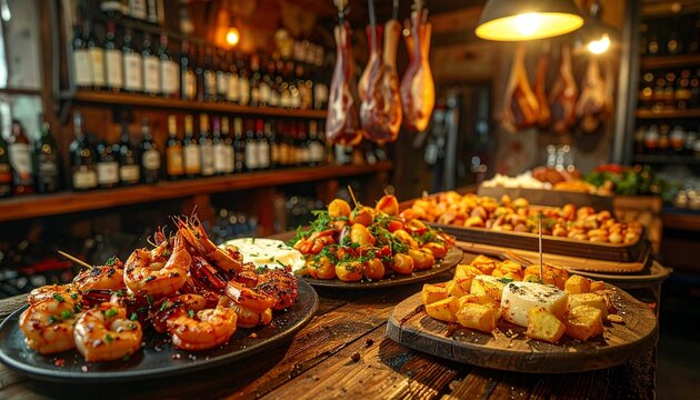 Spanish tapas assortment on Barcelona bar counter