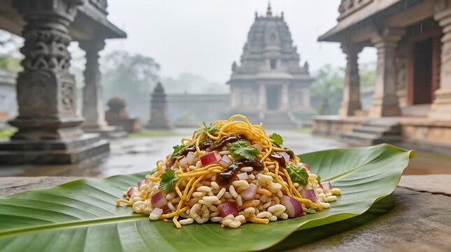 High-angle close-up of traditional Indian Bhel Puri on a banana leaf in a misty temple courtyard, featuring puffed rice, sev, and onions for authentic South Indian street food concepts