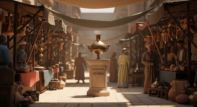 Ancient marketplace with stalls displaying pottery and metalwork, people in traditional clothing browsing goods, golden ornate lamp