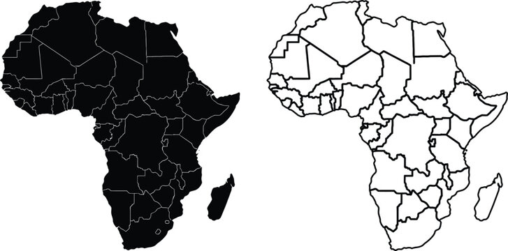 African Continent Silhouette, A striking illustration showcasing the silhouette of the African continent, depicting its varied countries and geographical contours in stark detail.