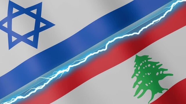 Two waving flags Israel and Lebanon with diagonal lightning seamless, 4k loop