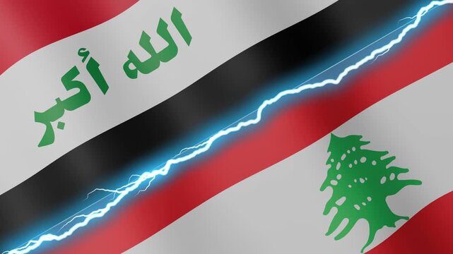 Two waving flags Iraq and Lebanon with diagonal lightning seamless, 4k loop
