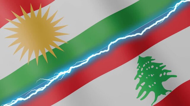 Two waving flags Kurdistan and Lebanon with diagonal lightning seamless, 4k loop