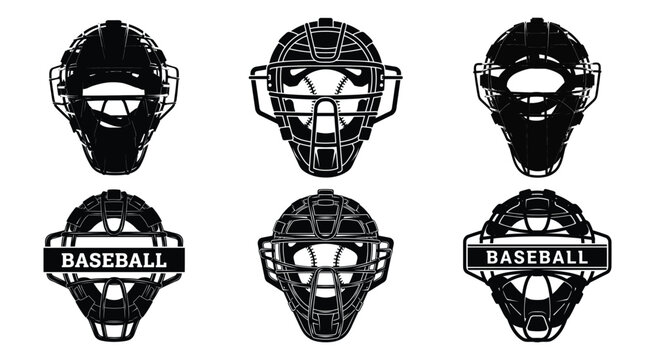 Set of black and white baseball catcher mask icons with vintage badge designs in a professional vector illustration style