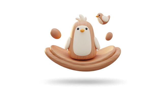 Chubby pixel art penguin chick with small bird and eggs in a woven nest, adorable 3d render, isolated on white