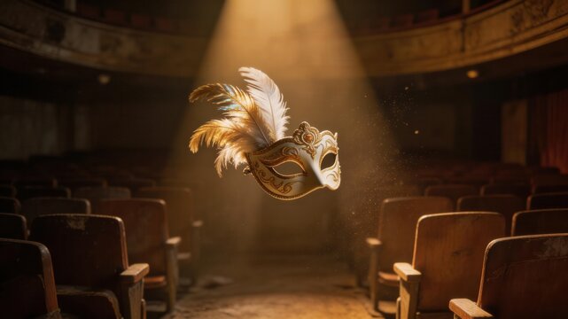 Venetian Mask in Theatre: An ornate Venetian mask floats gracefully in the spotlight, its intricate details and feathered embellishments captivating the viewer.